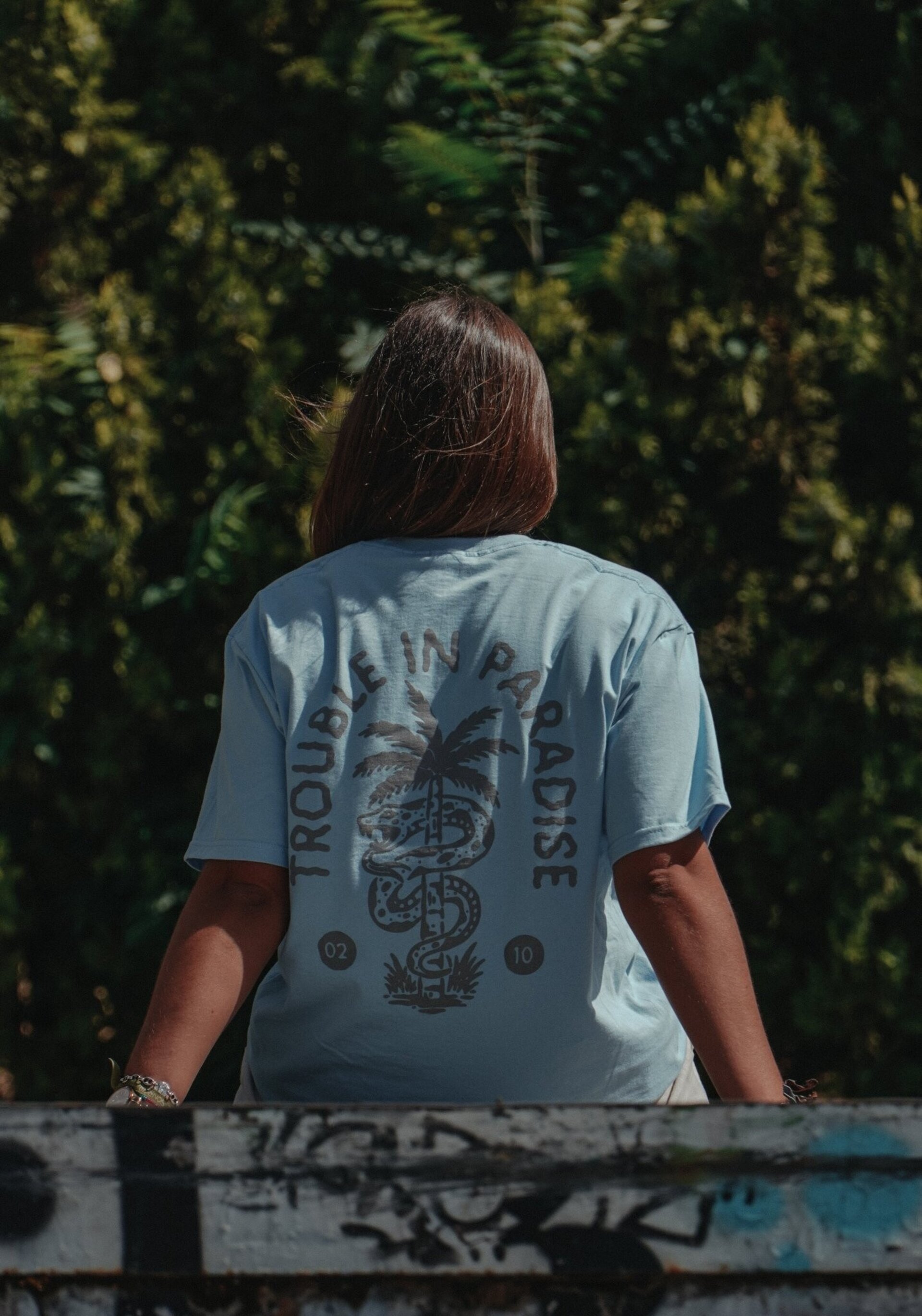 LIGHT BLUE TEE- TROUBLE IN PARADISE - 4